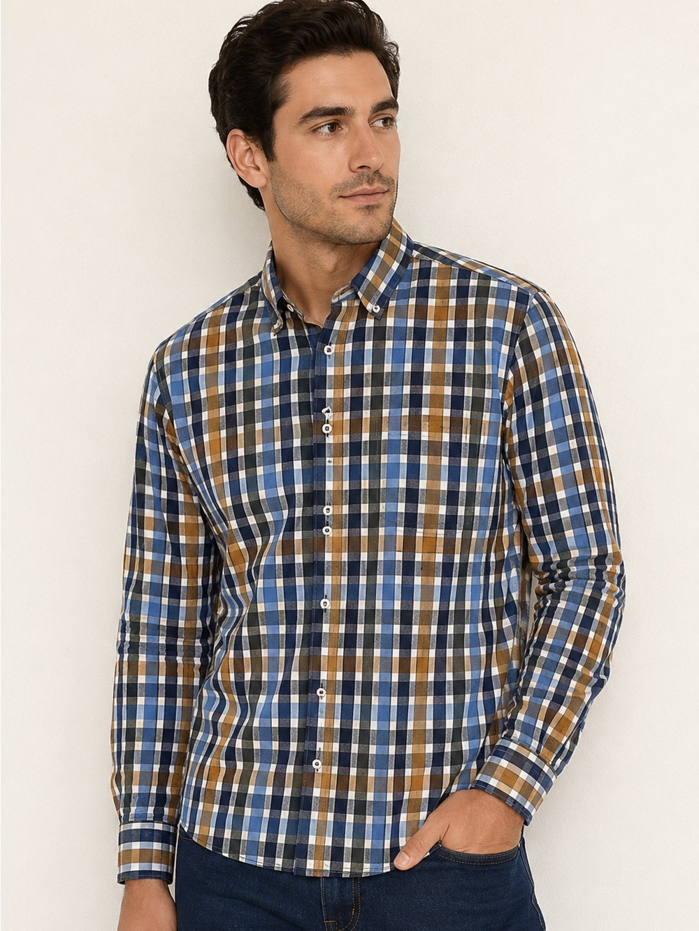Baileys Regular Fit Plaid Button Down Shirt Men’s Small Blue Mustard Cotton